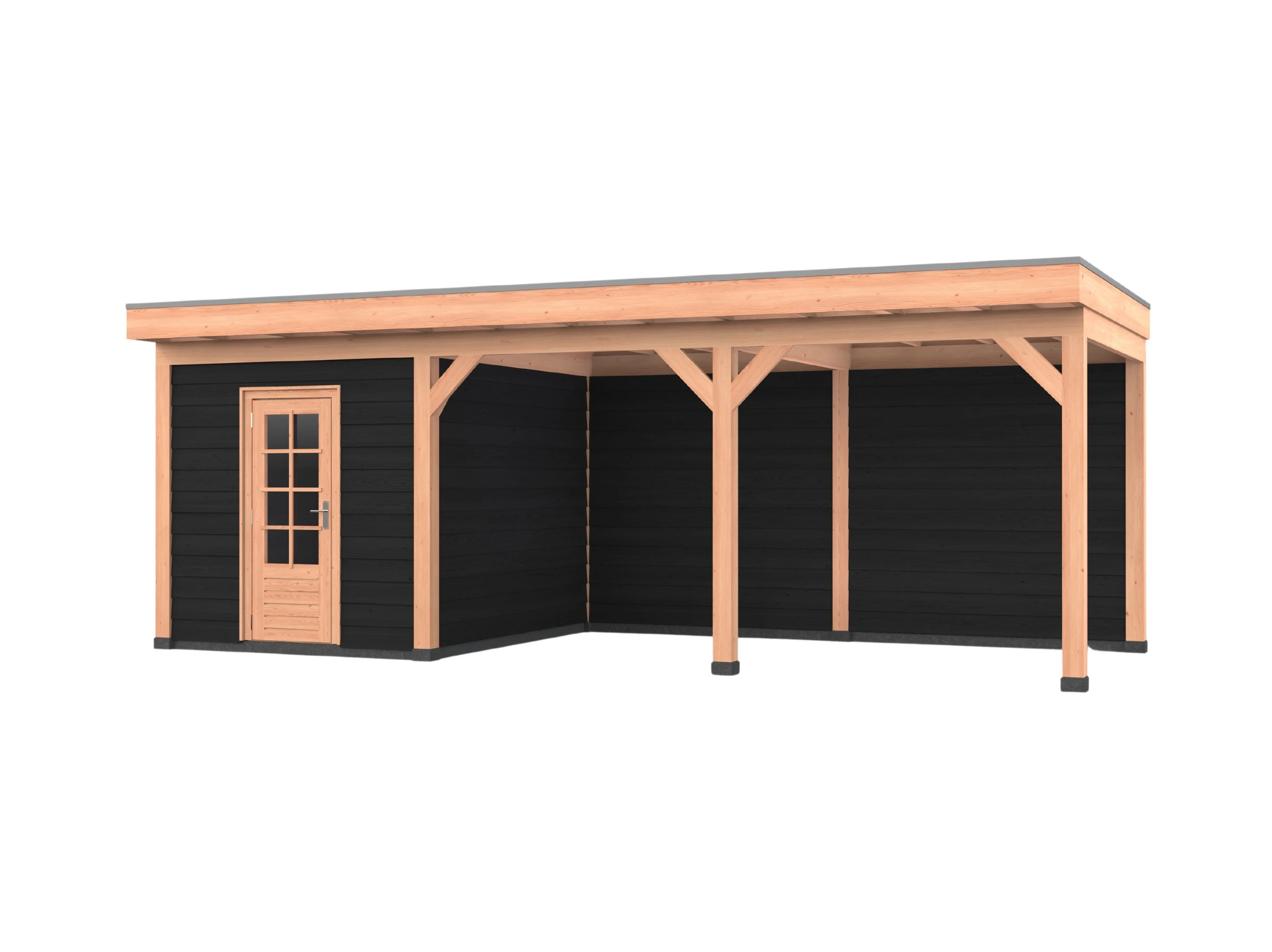 Douglas overkapping, 750 x 300, met zwarte schuur en achterwand, Westwood Comfort Green - Afbeelding 1